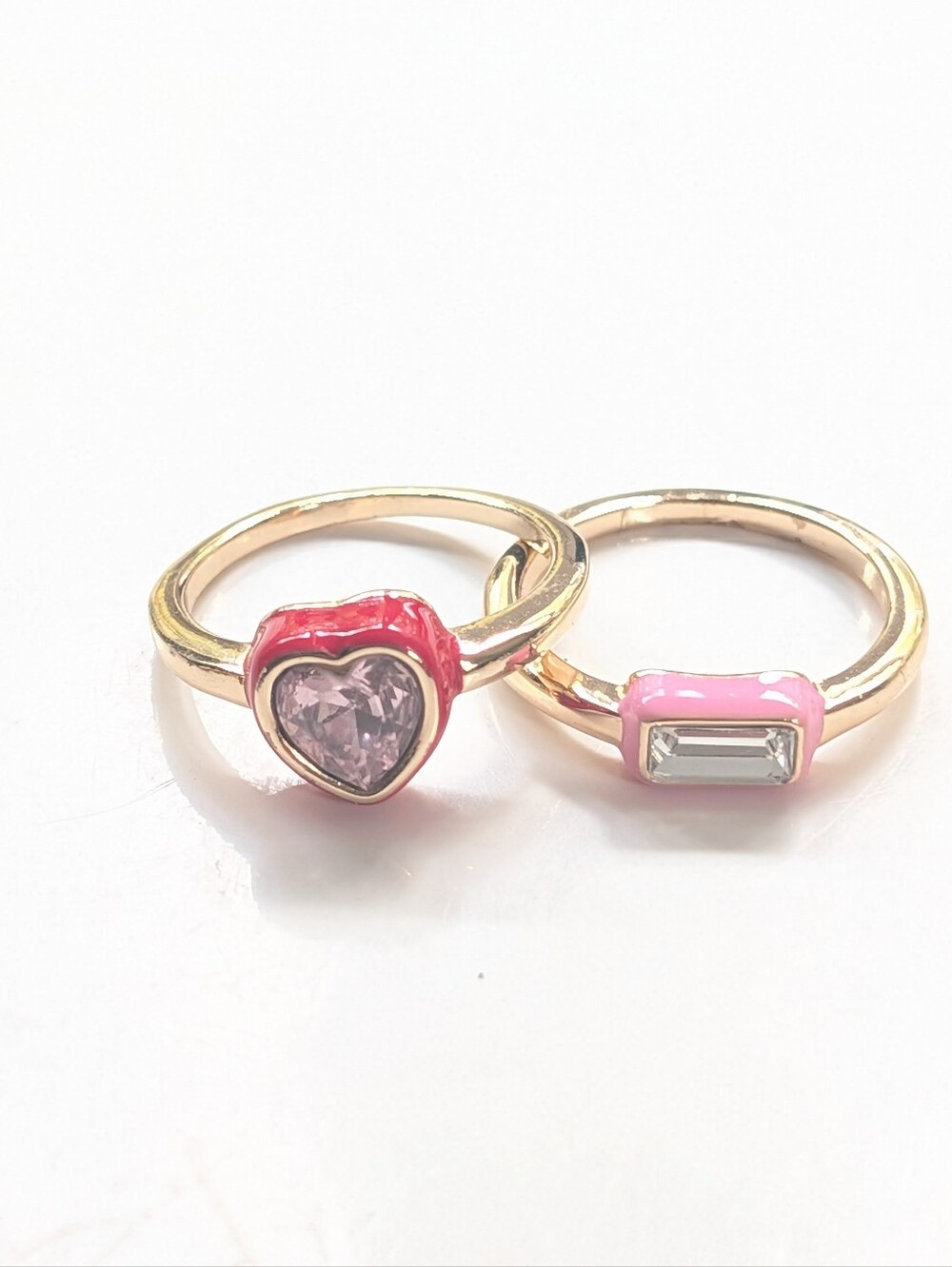 Vintage Y2K 2000s Enamel Rhinestone Stackable Heart Rectangle Gold Tone Rings